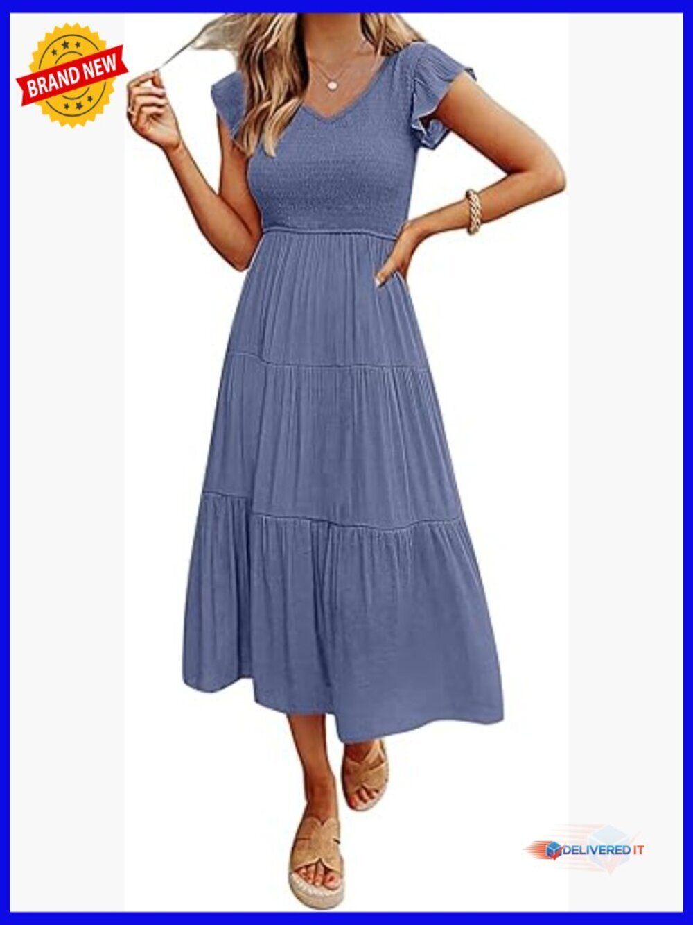 Casual Midi Dress Flutter Sleeve V-Neck Smocked Tiered Vacation Dress